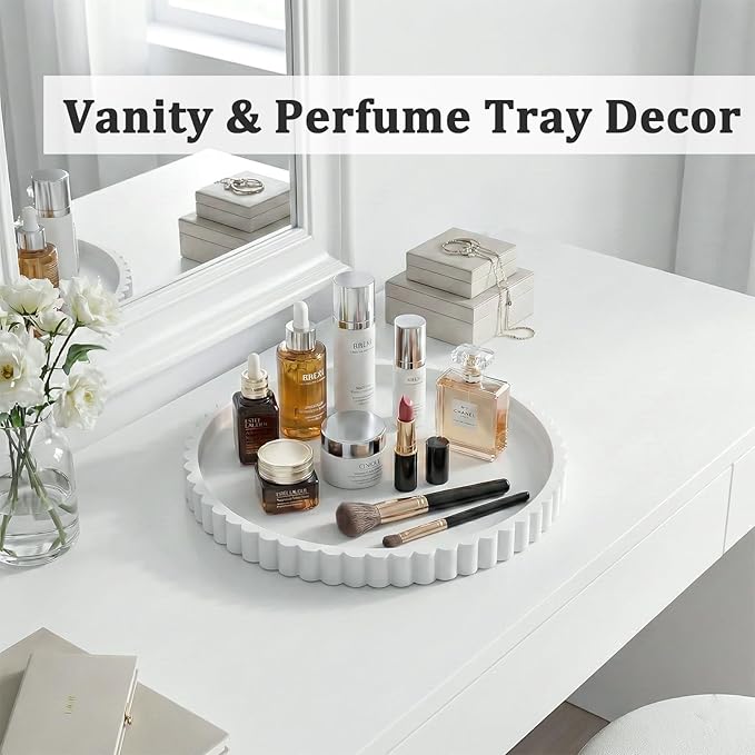 Silicone Bathroom Countertop and Vanity Tray-10 Inch Round Silicone Bathroom Tray, Modern Bathroom Decor, Coffee Table Decor, Decorative Tray for Candle, Perfume, Plants (White)