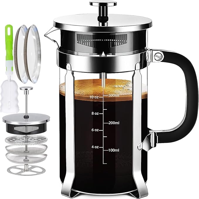 YMMIND 34 Ounce French Press Coffee Maker, 5-Cup Espresso Coffee Maker, Grey Cold Brew Heat Resistant Thickened Borosilicate Coffee Pot with 4 Stainless Steel Filter Screens