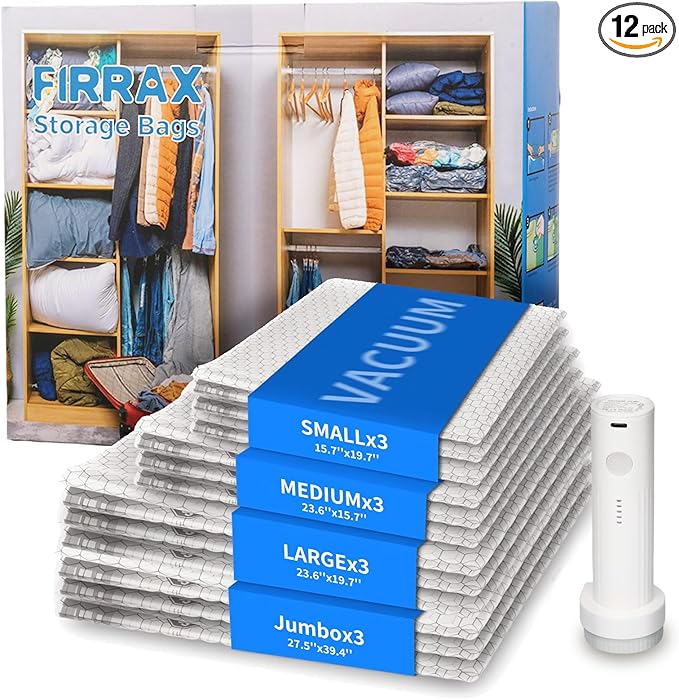 FIRRAX 12 Pack Vacuum Storage Bags with Rechargeable Pump, 4 Sizes