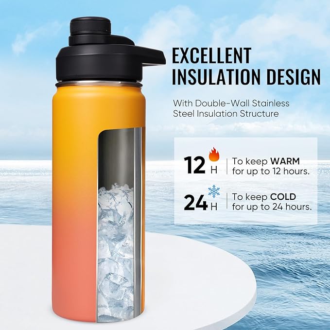 18 oz Insulated Water Bottle with Handle, 304 Stainless Steel Water Bottles with Wide Mouth, Double Wall Vacuum Sports Water Bottle, BPA Free, Keep Cold and Hot, Yellow&Orange