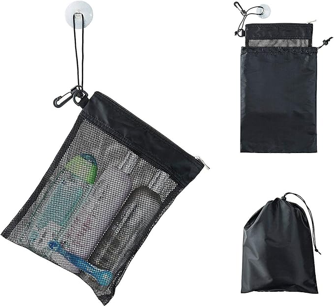 Shower Bag Tote, Mesh Caddy Toiletry Organizer 12”L x 9”W, Compact and Lightweight With Suction Cup, Cord for Hanging, Zipper and Drawstring Pouch 14”L x 10”W, Black