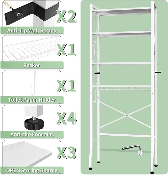 Over-The-Toilet Storage Rack 4-Tier,Bathroom Organizer Shelf Over Toilet,Adjustable Wooden Shelves and Basket,Freestanding Above Toilet Shelve,Space Saver for Rooms(White Rack-White Shelves)