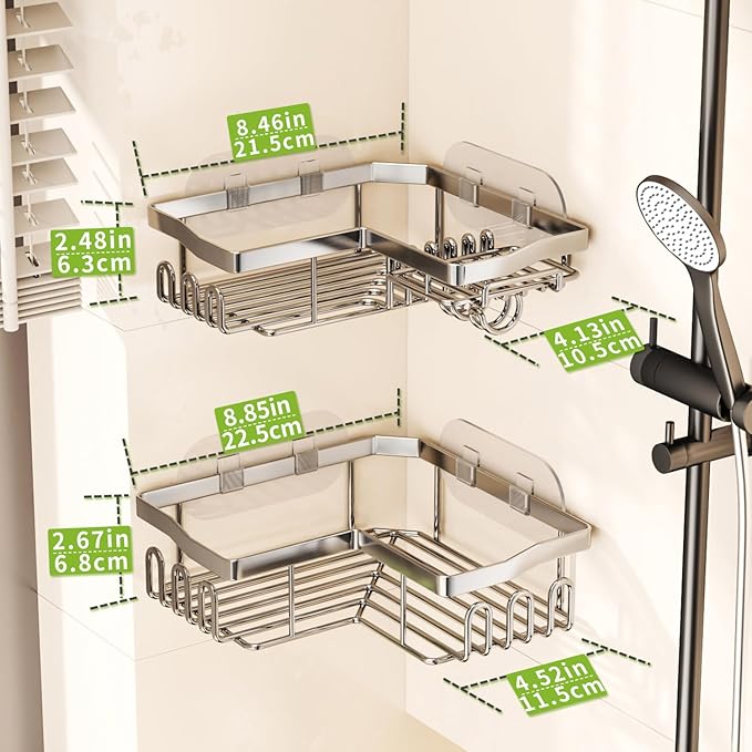 SWTYMIKI Shower Caddy Corner with Soap Holder, 2-Tier Stainless Steel Corner Shower Organizer with 11 Hooks, No Drilling & 6 Strong Adhesives Bathroom Shelf Organizer, Silver - 2 Tier