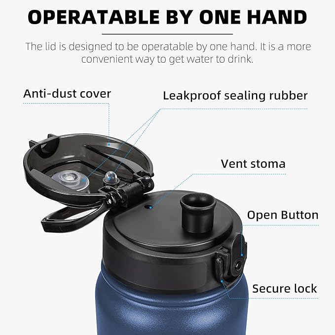 Fanhaw 20 oz Insulated Stainless Steel Water Bottle with Anti-Dust Chug Lid, Leakproof Vacuum Metal Bottle for Kids, Women & Men (Navy Blue)