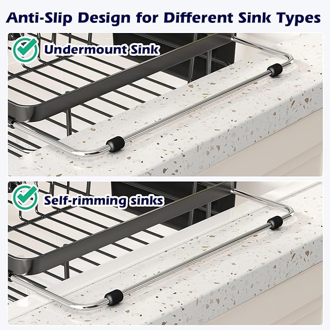 In Sink Dish Drying Rack, Expandable Over The Sink Dish Rack for Small Kitchen, Space Saving Stainless Steel Black Dish Drainer with Utensil Holder, 14.1"-21.2" L x 11"W, Compact Plate Dryer Strainer