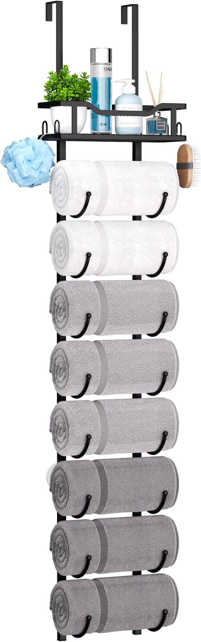 SWTYMIKI Over The Door Towel Rack - 9 Tier Towel Racks for Bathroom Wall Mounted, Towel Holder with Shelf, Hanging Rolled Towel Storage Organizer for Small Bathroom, Camper, RV, Black