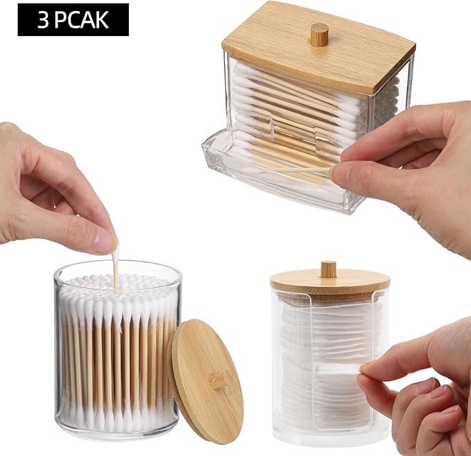 Tbestmax 4 Pack Qtip Holder Bathroom Container, 10/7oz Cotton Ball Cotton Swabs Pads Dispenser, Apothecary Jar with Bamboo Lids for Organizer and Storage (Beige)