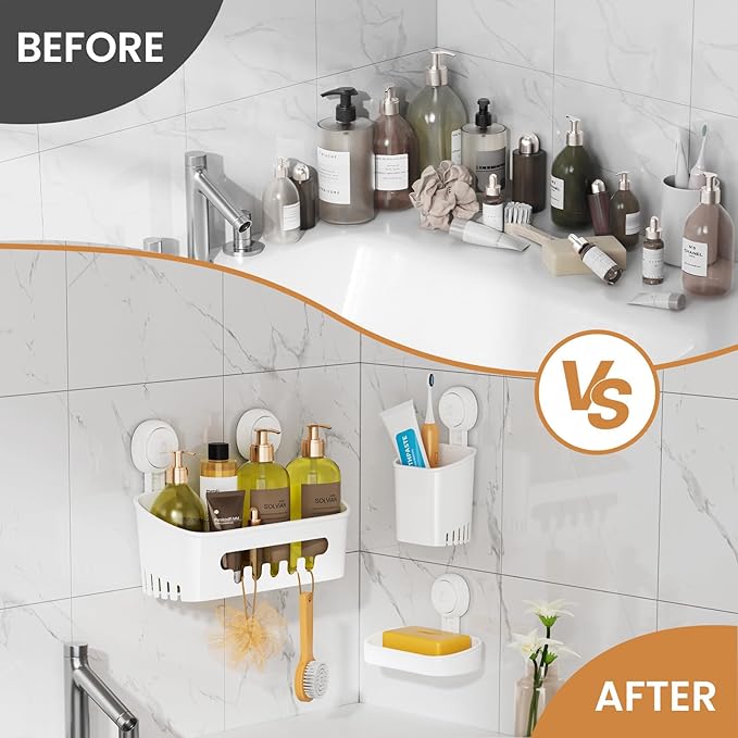 LEVERLOC Shower Caddy Suction Cup Set Shower Organizer & Soap Holder & Toothbrush Holder, Bathroom Shelf Basket NO-Drilling, Removable Suction Storage Waterproof Bathroom Caddy, White | Shower Organizer, Soap Holder, Toothbrush Holder, Removable Suctio...
