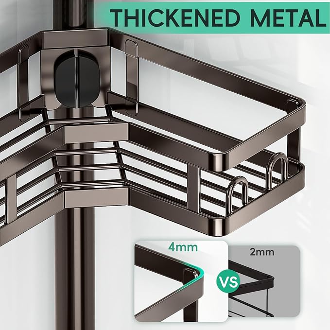 HEVEL Corner Shower Caddy Tension Pole, 4 Tier Adjustable Shower Organizer Corner 62-115 Inch, Rustproof Bathroom Shower Shelves for Bathtub Storage,Bronze