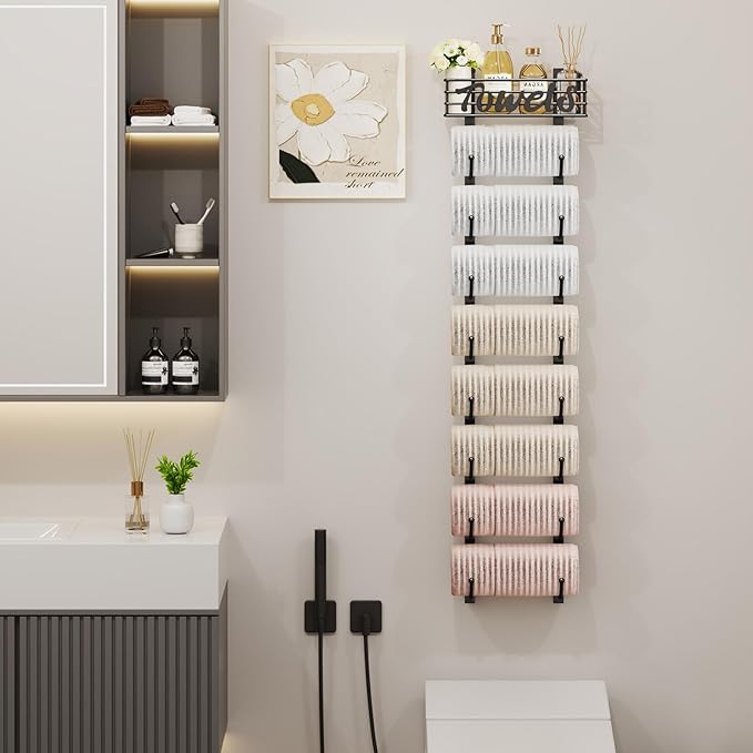 SWTYMIKI Hanging Towel Racks for Bathroom - 9 Tier Over The Door & Wall Mounted Bath Rolled Towel Storage Organizer Holder for Small Bathroom, RV, Camper, Black (Patented)
