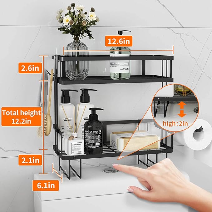 Godboat Bathroom Organizers, 2-Tier Over Toilet Storage, Floating Shelves with 2 Hooks & Paper Holder, Wall Mounted Shelf Furniture, Cool Accessories & Decor, Gifts for Women, Mothers Day (Black)