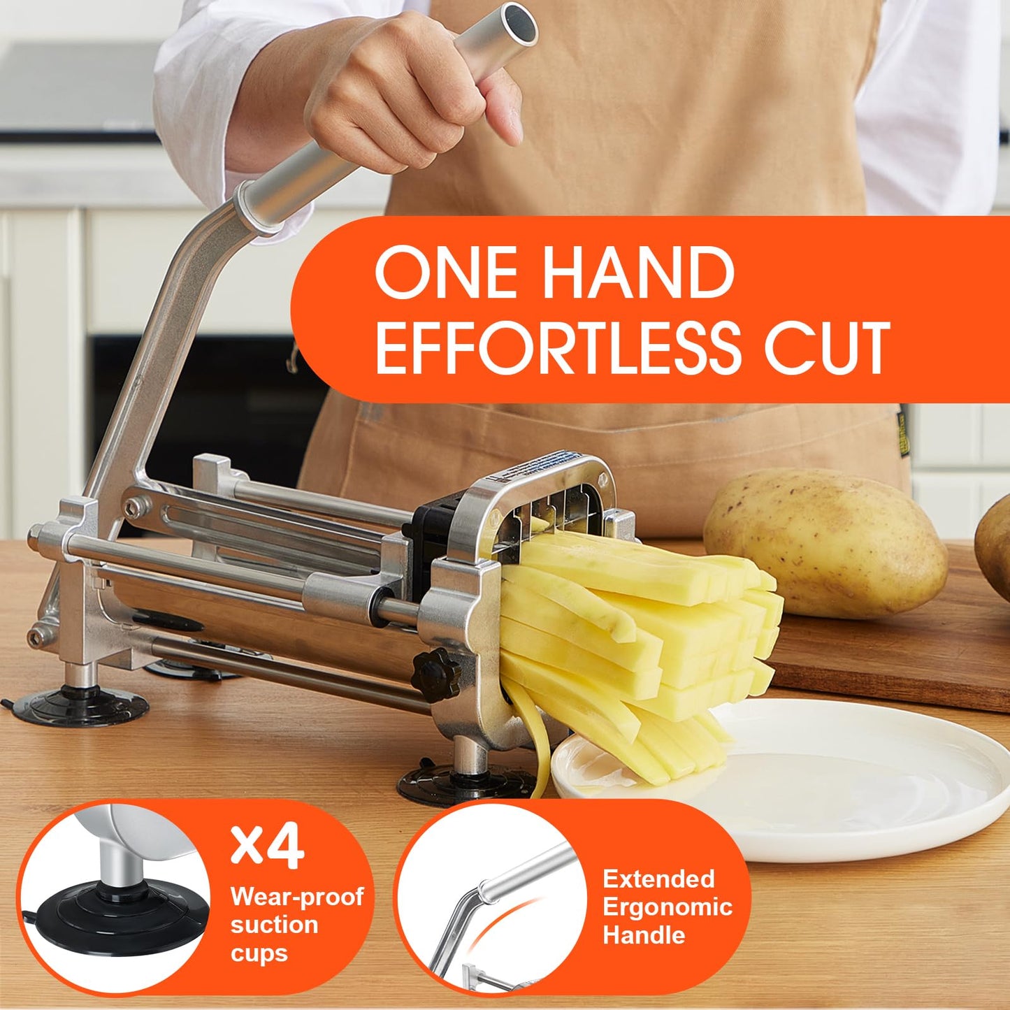 Potatoes French Fry Cutter with 2 Stainless Steel Blades (1/2 '' & 1/4 '')