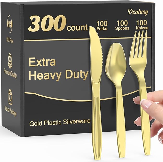 Dealusy 300 Count Extra Heavy Duty Silver Plastic Silverware