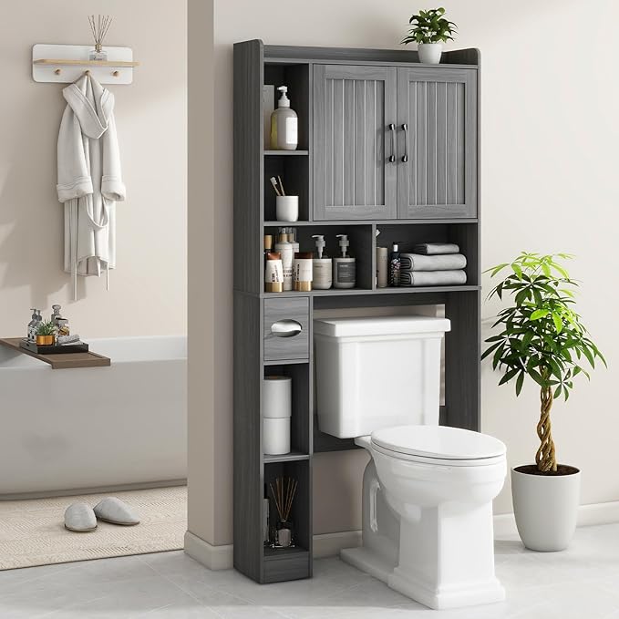 Vabches Over The Toilet Storage Cabinet, Farmhouse Storage Cabinet Over Toilet with Barn Door，Home Space-Saving Toilet Rack for Bathroom, Restroom and Laundry.（Wash Grey）