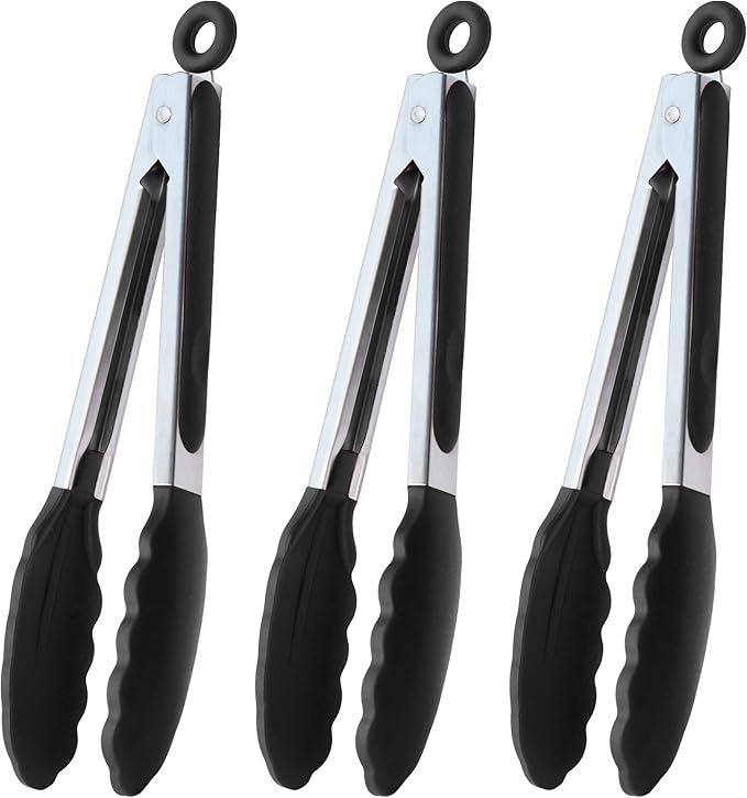 HINMAY Silicone Tipped Tongs 9" Kitchen Cooking Tongs, Set of 3 (Yellow)