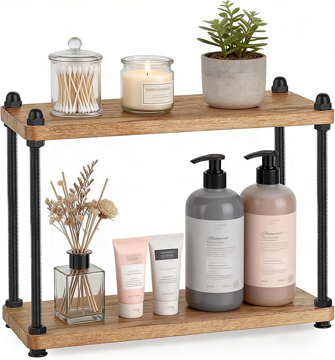 Mkono Bathroom Counter Organizer, 2 Tier Wooden Shelf for Vanity Countertop Skincare Makeup, Rustic Bathroom Decor Storage and Organization for Kitchen, Coffee Bar, Office, Light Brown