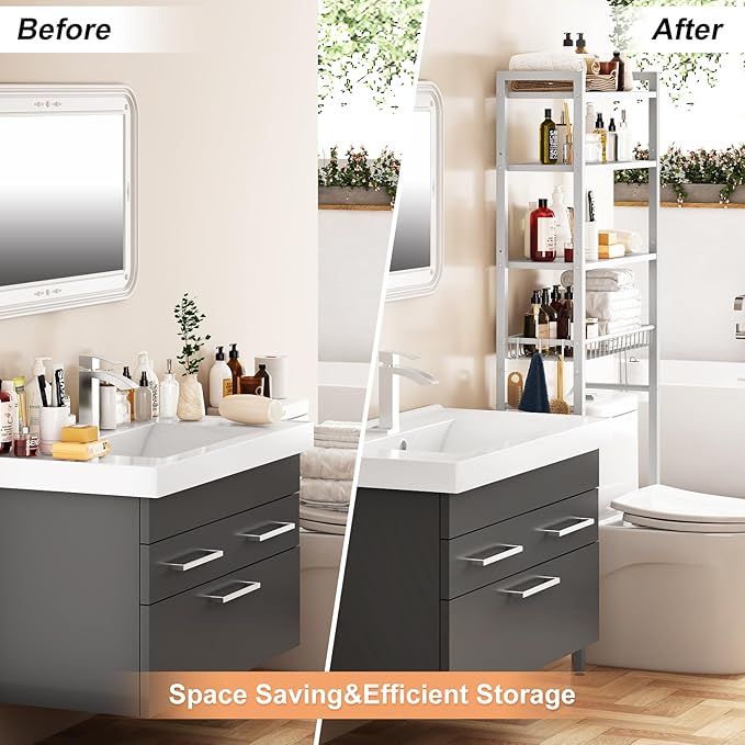 Over-The-Toilet Storage Rack, 4-Tier Bathroom Organizer Shelf Over Toilet with Adjustable Shelf and Basket, Freestanding Space Saver Bathroom Shelves Above Toilet for Room (Pure White)