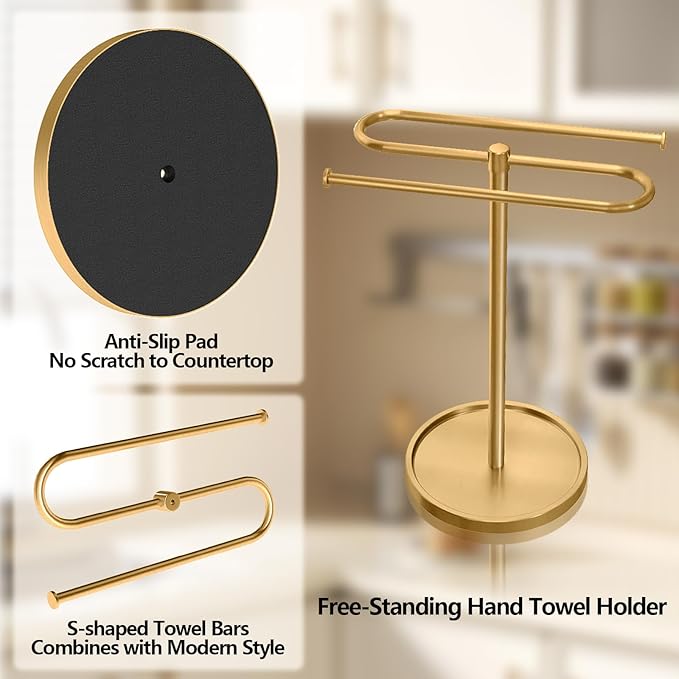 Bathroom Hand Towel Holder Stand Gold, S-Shape Countertop Towel Standing, Stainless Steel Towel Rack Bar Holds 2 Towels for Kitchen