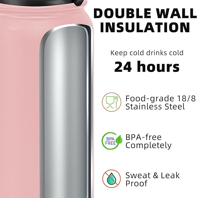 Fanhaw 20 oz Insulated Stainless Steel Water Bottle with Anti-Dust Chug Lid, Leakproof Vacuum Metal Bottle for Kids, Women & Men (Pink)