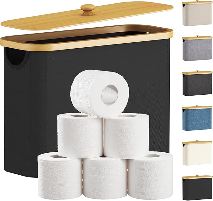 Lifewit Toilet Paper Storage Holder for 9 to 12 Rolls, Free Standing Toilet Paper Basket Stand with Bamboo Lid, Collapsible Fabric Bathroom Organizer Box for Mega Rolls, 23L, Large, White, Black