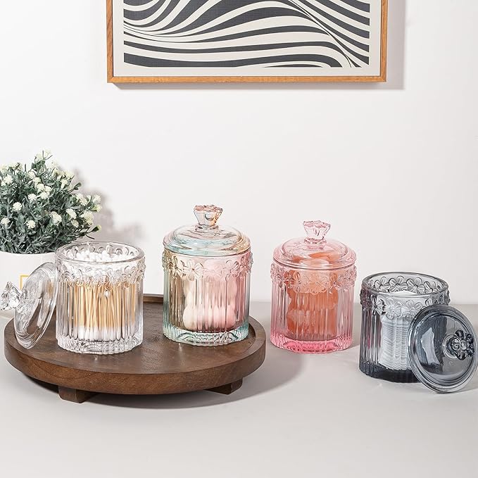 rejomiik 2 Pack Qtip Holder Glass Apothecary Jars with Lids Bathroom Accessories Vanity Organizers and Makeup Storage Canister for Cotton Swabs, Balls, Pads, Floss Picks, Candy, Rainbow