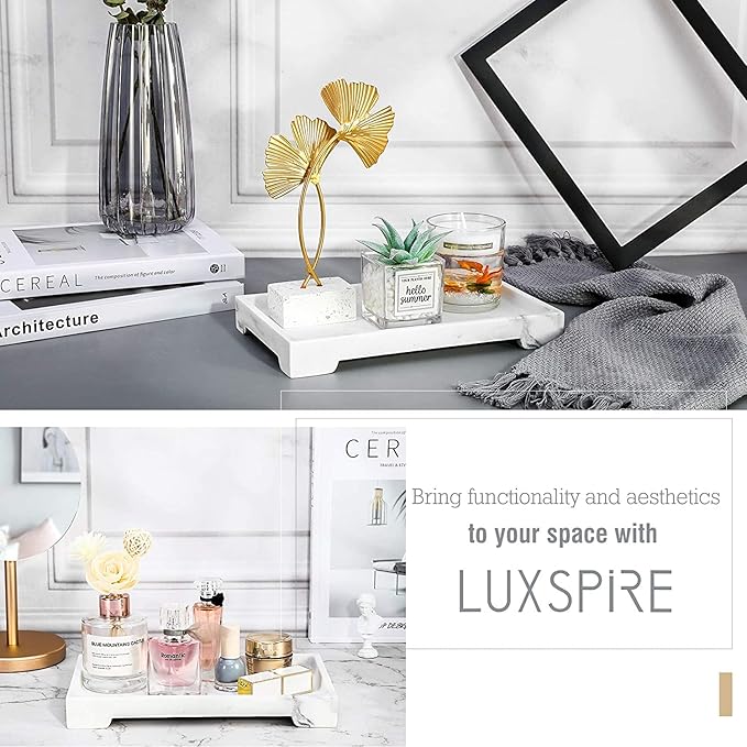 Luxspire Bathroom Vanity Tray, 10 x 6 inch Marble Bathroom Perfume Tray Dresser Tray, Resin Rectangle Vanity Tray, Bathroom Vanity Countertop Organizer for Cosmetics Hand Towel, M, Gravel White