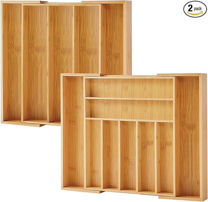 Purawood Kitchen Drawer Organizer - Expandable Utensil Drawer Organizer for Kitchen, Cutlery Tray & Silverware Organizer, 3-5 Slots - Bamboo Organizer for Utensils & Flatware (Grey)