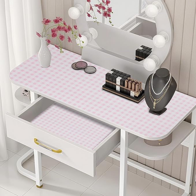 Beautysaid Shelf and Drawer Liner for Kitchen Cabinet, Non Adhesive Non Slip Shelf Paper Waterproof Washable Thickened for Dresser Pantry Shelve Bathroom Protector Liner(Pink Checkered,12 in x 20FT)