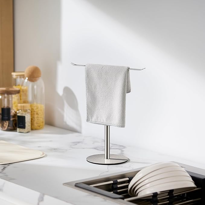 Silver Hand Towel Holder Stand – Countertop T-Shaped Stainless Steel Towel Rack with Non-Slip Base for Vanity and Kitchen