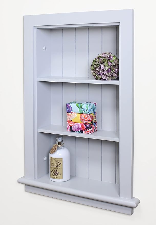 Fox Hollow Furnishings 14x24 Aiden Recessed Wall Niche Medicine Cabinet Replacement, in The Wall Bathroom Cabinet Insert Shelf/Shelves, Made in North America, Real Wood, NO MDF, Beadboard, Light Gray