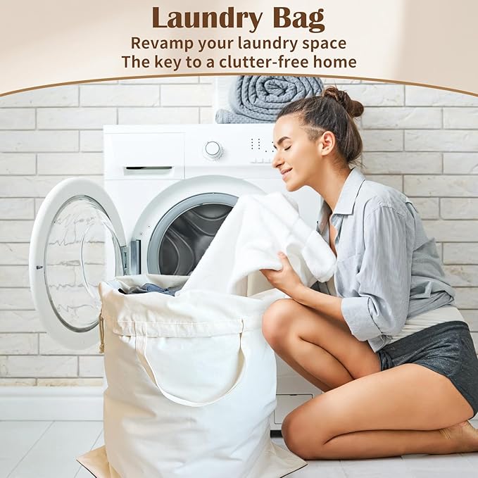 Canvas Laundry Bag 33"Wx 35"H, Thick Canvas Laundry Bag with Handles & Drawstring, Extra Large Heavy Duty Washable Basket Liner Hamper Liner Storage Sack (Beige XL, 2 Pack)