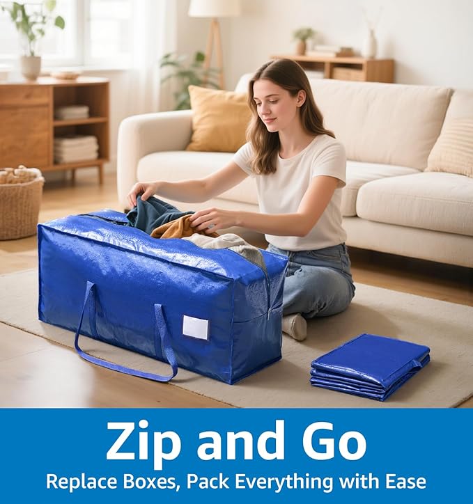 6 Pack Large Moving Bags Heavy Duty – Reusable Storage Bags with Zippers & Handles | Extra-Large Packing Bags for Moving Boxes, Clothes, Bedding, Holiday Décor & Home Storage