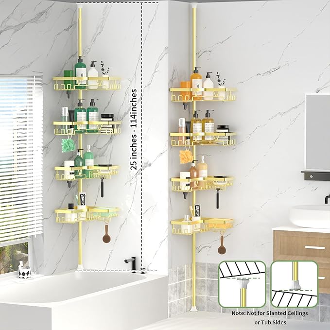 Shower Caddy Tension Pole with 2 Soap Holders, Adjustable Corner Shower Caddy, Gold Finish, Expandable 25-114.2 Inches for Bathtub Corner, Bathroom Storage Organizer