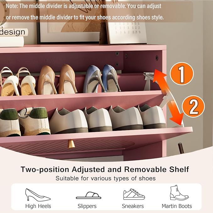 Shoe Storage Cabinet for Entryway with 2 Flip Drawers, Narrow Wood Shoe Cabinet with Fluted Panel, Freestanding Hidden Shoe Organizer for Foyer, Hallway (Pink - with Shelf)