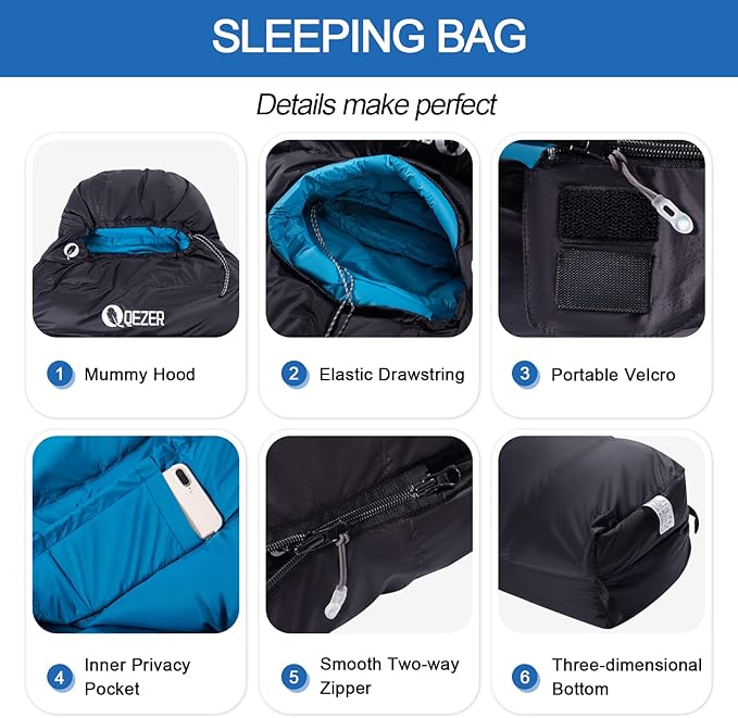 Down Sleeping Bag for Adults 0°F 10°F 15°F 20°F Backpacking Sleeping Bag for Cold Weather with Compression Sack