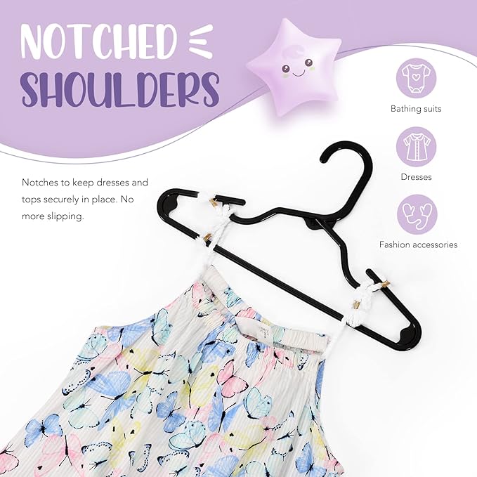 HOUSE DAY Plastic Baby Hangers for Closet 20 Pack, Durable Plastic Kids Hangers for Baby Clothes, Thin & Compact Childrens Hangers, Space Saving Black Baby Hanger, Small Hanger for Kids Clothes