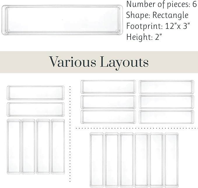 STORi SimpleSort 6-Piece Stackable Clear Drawer Organizer Set | 12" x 3" x 2" Rectangle Trays | Narrow Makeup Vanity Storage Bins and Office Desk Drawer Dividers | Made in USA