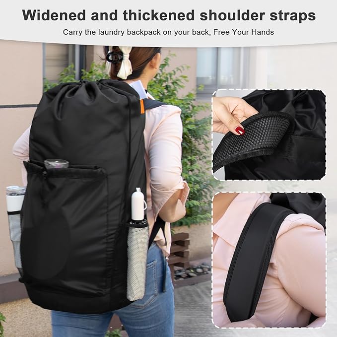 Polecasa Extra Heavy Duty Large Backpack Laundry Bag with Comfortable Padded Shoulder Straps & 4 Pockets, Drawstring bag for Dorm, College, Travel, Black