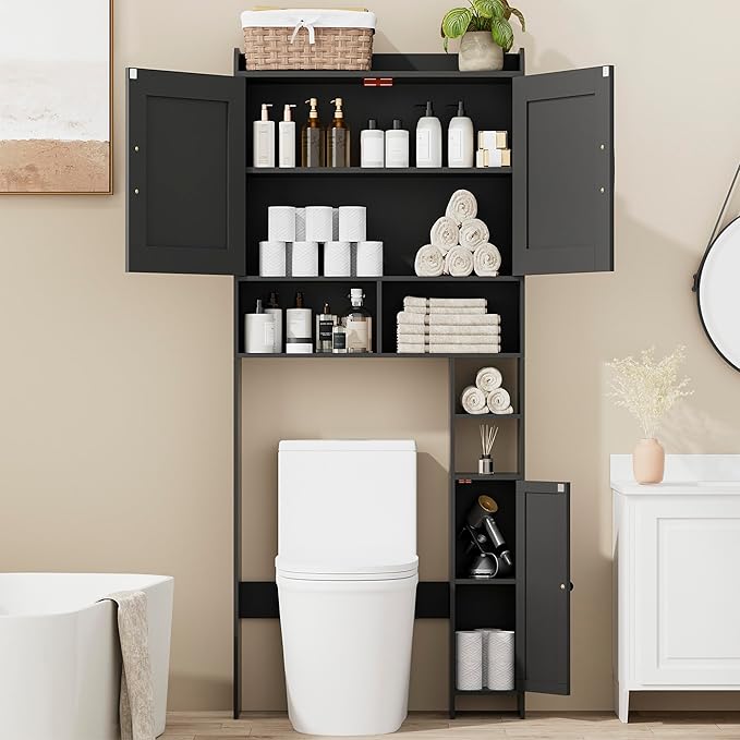 Homhedy Over The Toilet Storage Cabinet with 2 Barn Door and Toilet Paper Holder Stand, FreeStanding Toilet Shelf Space Saver, for Bathroom, Restroom, Laundry, Black
