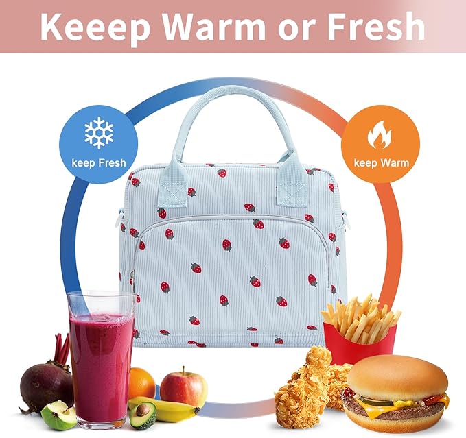 Lunch Bag Women Lunch Box for Women Adult Cute Insulated Lunch Bag Lager Cooler Lunch Tote Bags for Work Picnic (Blue-Strawberry)