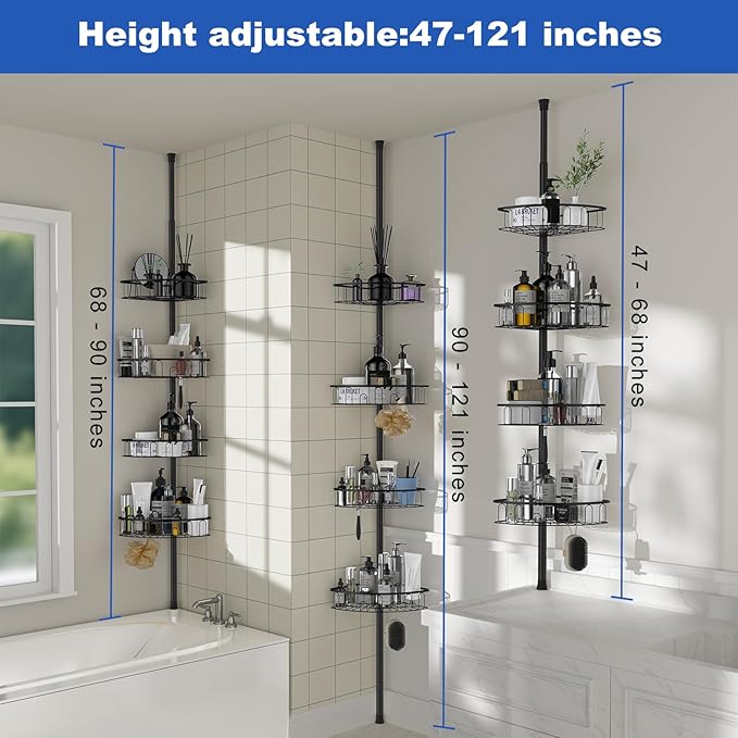 Corner Shower Caddy Tension Pole: Aluminum Shower Caddy Rod with Stainless Steel 4 Tier Adjustable Rustproof Shelves Organizer for Bathroom, 47-121 inch, No Drilling Quick Installation Heavy Duty