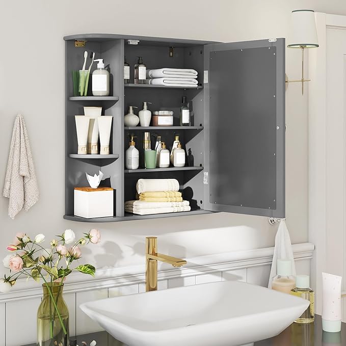 Tangkula Bathroom Wall Cabinet with Mirror, Modern Medicine Cabinet with Mirrored Door, 4 Internal Shelves & 6 Side Open Shelves, Wall Mounted Space-Saving Storage Organizer