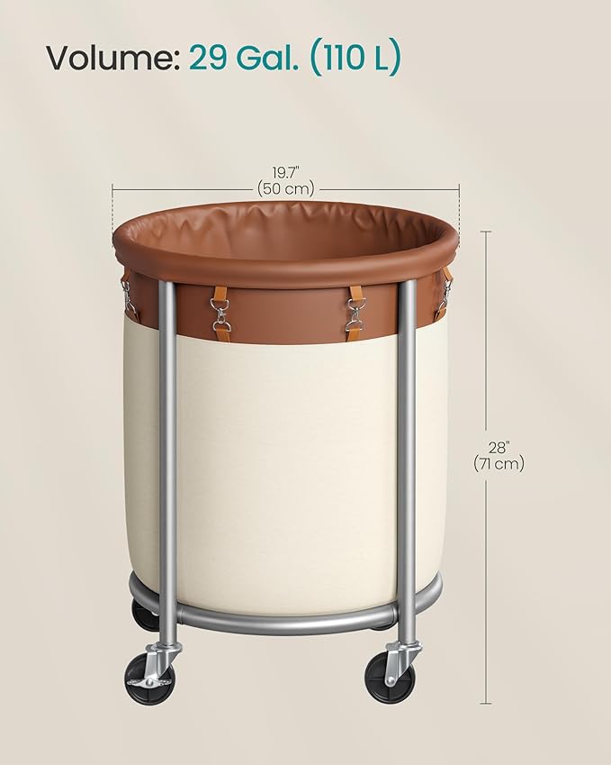 SONGMICS 29-Gallon (110 L) Laundry Basket with Wheels, Rolling Round Heavy-Duty Laundry Hamper Cart with Steel Frame and Removable Bag, 2 Locking Wheels, Coffee Brown and Cream White URLS002KQ02