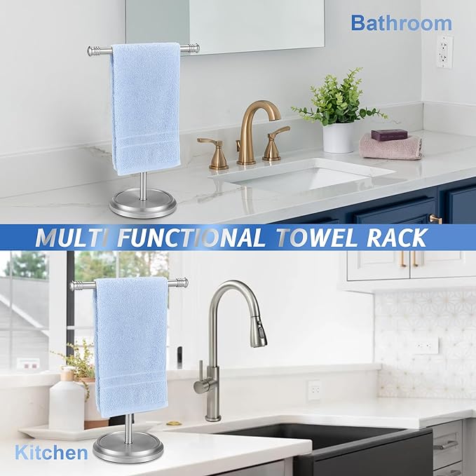 Hand Towel Holder Stand, Free Standing Towel Rack Stand with Stainless Steel Base, Rust-Proof Towel Bar for Bathroom Kitchen Countertop (Brushed Nickel)