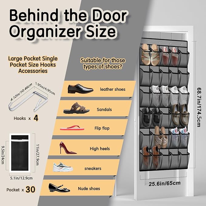 Over the Door Shoe Organizer with 30 Breathable Mesh Pockets - Large Capacity Closet Storage for Men & Women, Hanging Shoe Rack Organizer (2PC-Gray)