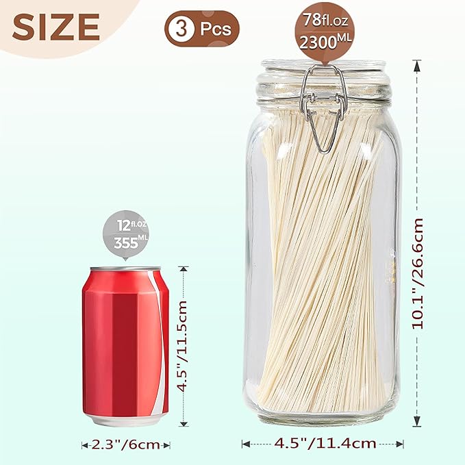 HVOPGEEUAN Clear Food Storage Jars 78oz Square, Airtight Glass Canister with Lids Set of 3, Kitchen & Pantry Organization Food Storage Container for Canning, Sugar, Flour, Candy, Cereal, Coffee