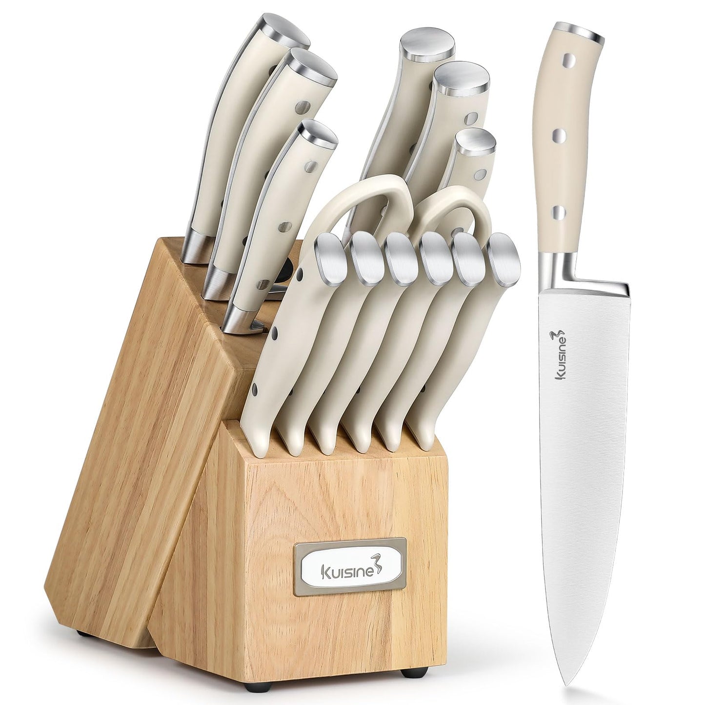 KUISINE Chef Knife Set, High Carbon Stainless Steel Ultra Sharp Blade Ergonomic Handle, Kitchen Knife Block Set with Built-in Sharpener, Elegant Gift for Holiday(15 PCS Pro White)