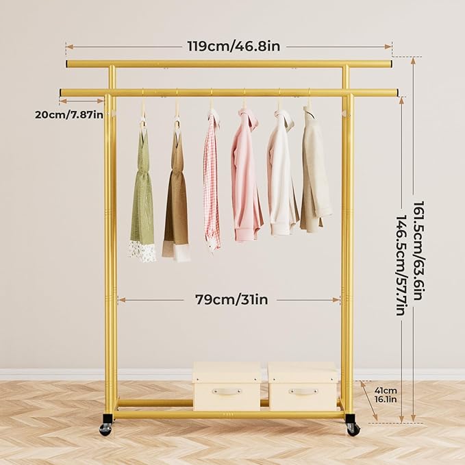 Abiglifty Double Rods Clothes Rack for Hanging Clothes, Clothing Rack with Wheels, Portable Closet Organizer for Laundry, Room (Gold)