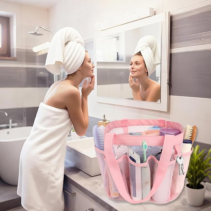 Mesh Shower Caddy Portable for College Dorm Room Essentials, 8-Pocket Large Shower Basket Tote Bag with 2 Handles for Toiletry, Bathroom, Beach, Camp, Gym