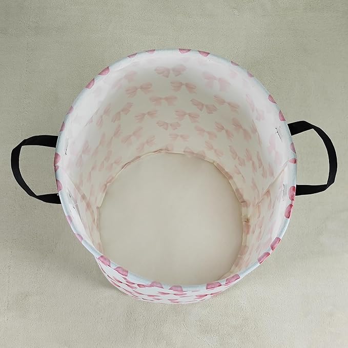 Round Foldable Girls' Storage Basket Kids Laundry Hamper Pink Gift Basket Suitable For Home Decoration Office and Toy Storage(Pink Knot)